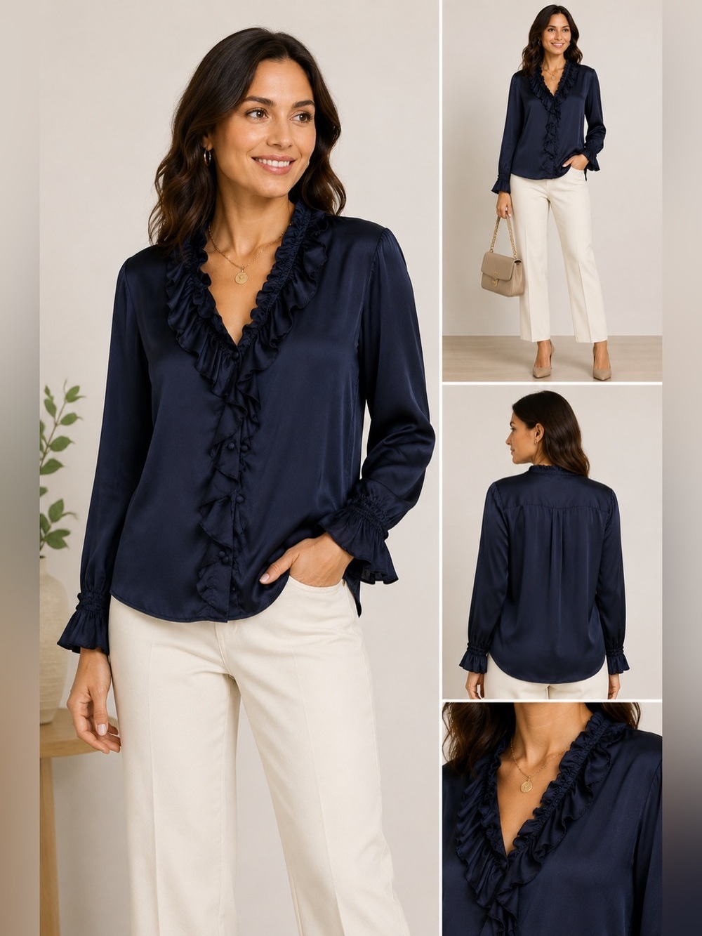 Tory Burch Silk Ruffle Blouse Navy Feminine Luxury Top Sz 12